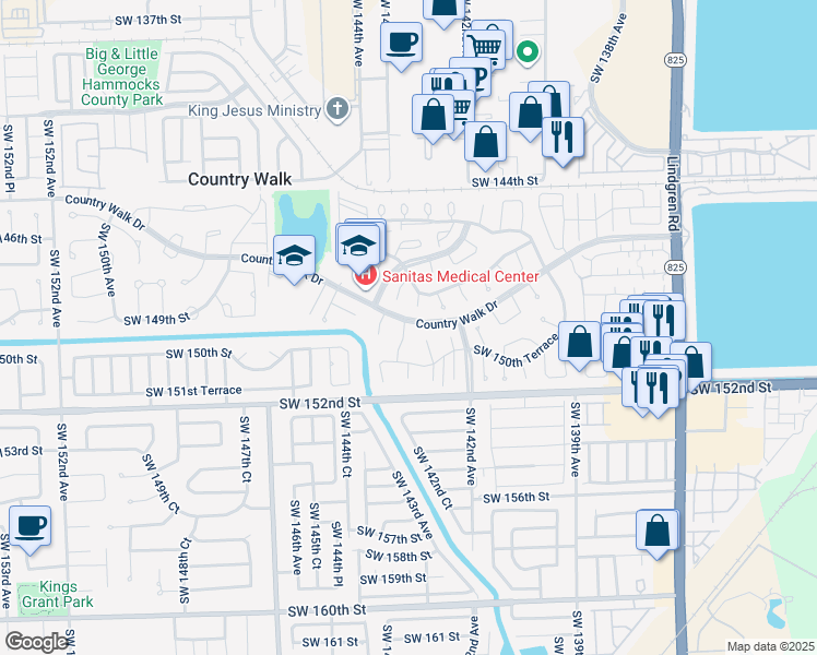 map of restaurants, bars, coffee shops, grocery stores, and more near 14611 Southwest 143rd Court in Miami