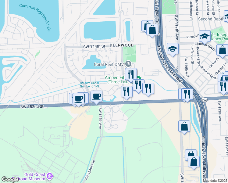 map of restaurants, bars, coffee shops, grocery stores, and more near 12325 Southwest 151st Street in Miami