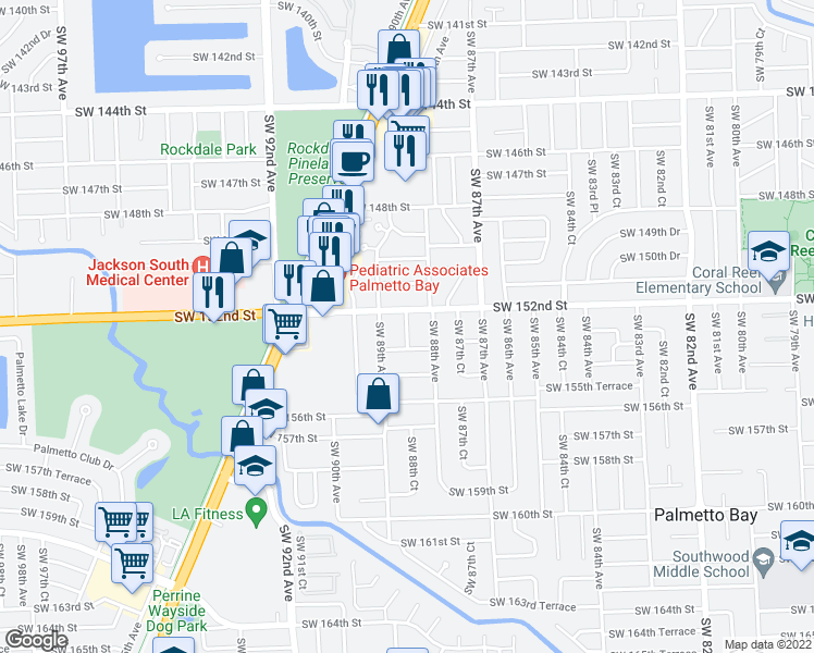 map of restaurants, bars, coffee shops, grocery stores, and more near 15271 Southwest 88th Court in Miami