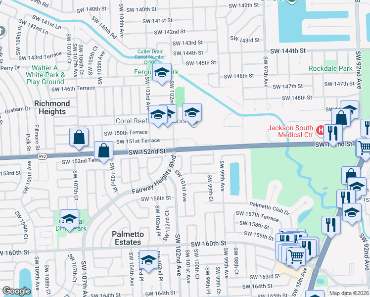 map of restaurants, bars, coffee shops, grocery stores, and more near Southwest 152nd Street in Miami