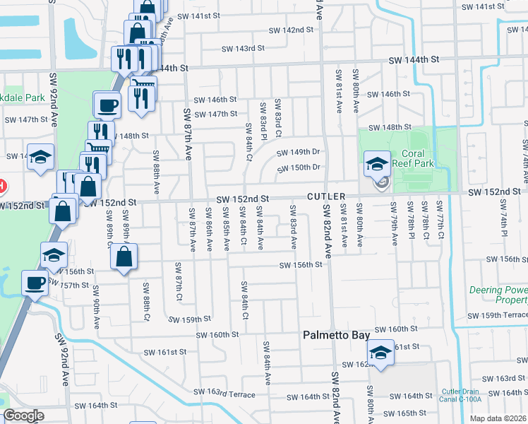 map of restaurants, bars, coffee shops, grocery stores, and more near 15200 Southwest 84th Avenue in Palmetto Bay