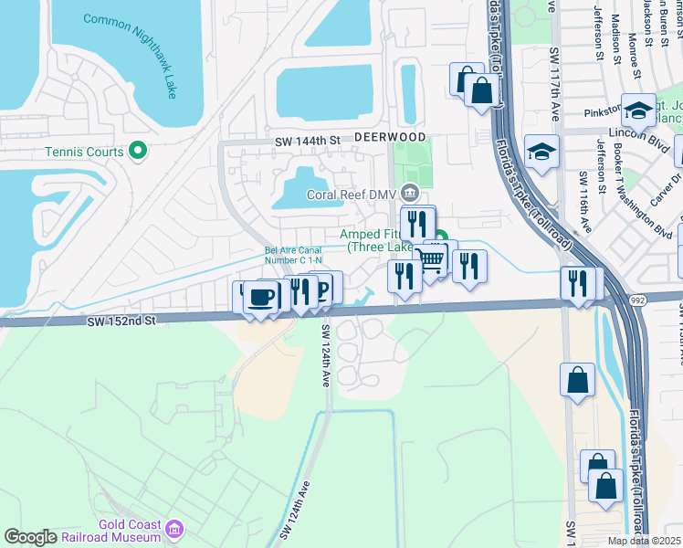 map of restaurants, bars, coffee shops, grocery stores, and more near 12295 Southwest 151st Street in Miami