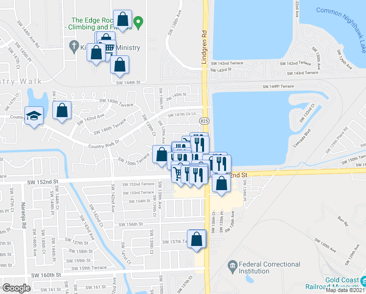 map of restaurants, bars, coffee shops, grocery stores, and more near 3 Southwest 149th Circle Lane in Miami