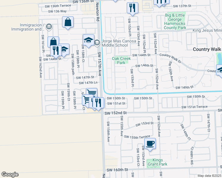 map of restaurants, bars, coffee shops, grocery stores, and more near 15488 Southwest 148th Street in Miami