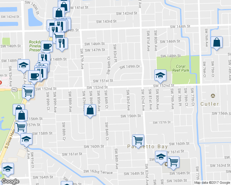 map of restaurants, bars, coffee shops, grocery stores, and more near 15200 Southwest 84th Avenue in Palmetto Bay