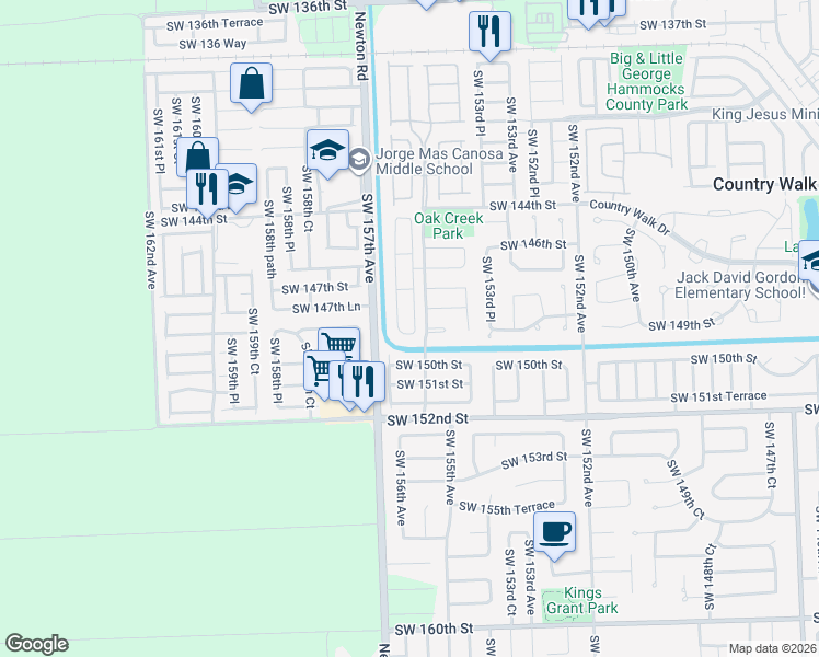 map of restaurants, bars, coffee shops, grocery stores, and more near 15488 Southwest 148th Street in Miami