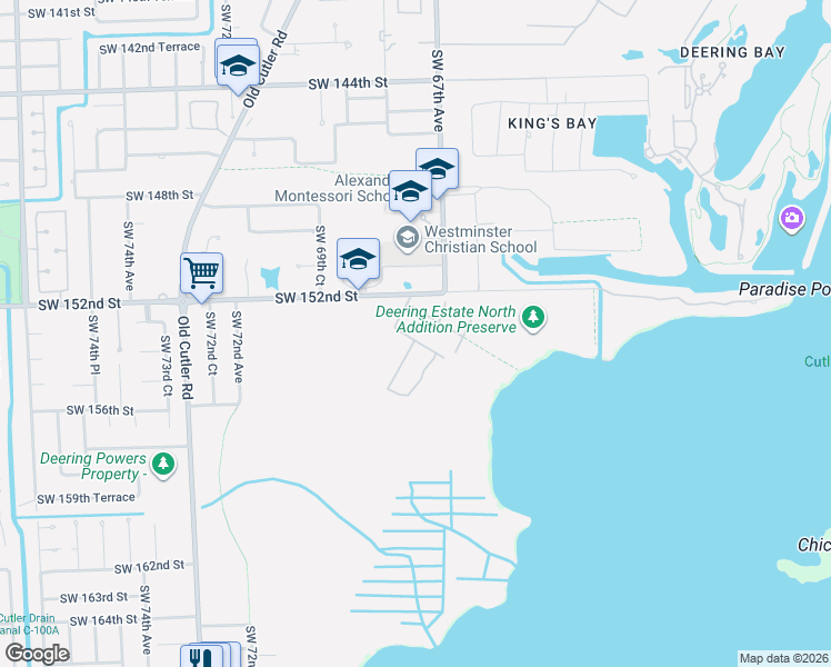 map of restaurants, bars, coffee shops, grocery stores, and more near 15353 Southwest 68th Avenue in Palmetto Bay