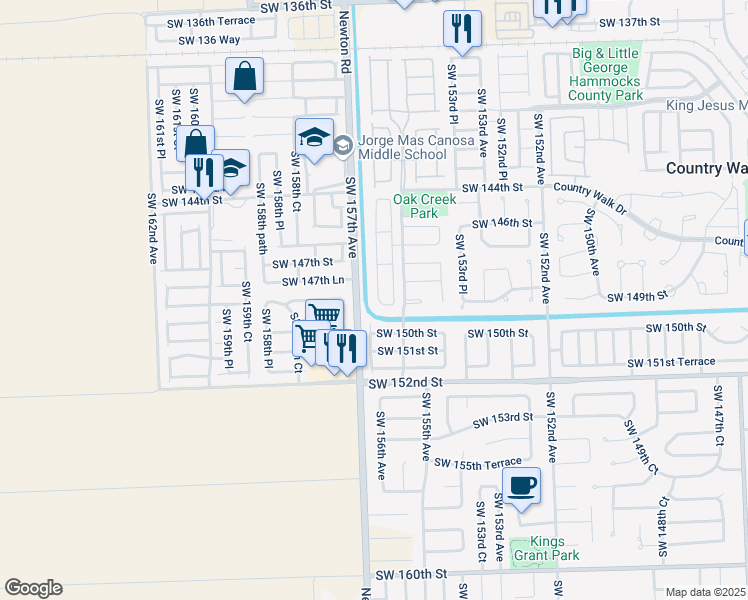 map of restaurants, bars, coffee shops, grocery stores, and more near 14802 Southwest 156th Avenue in Miami