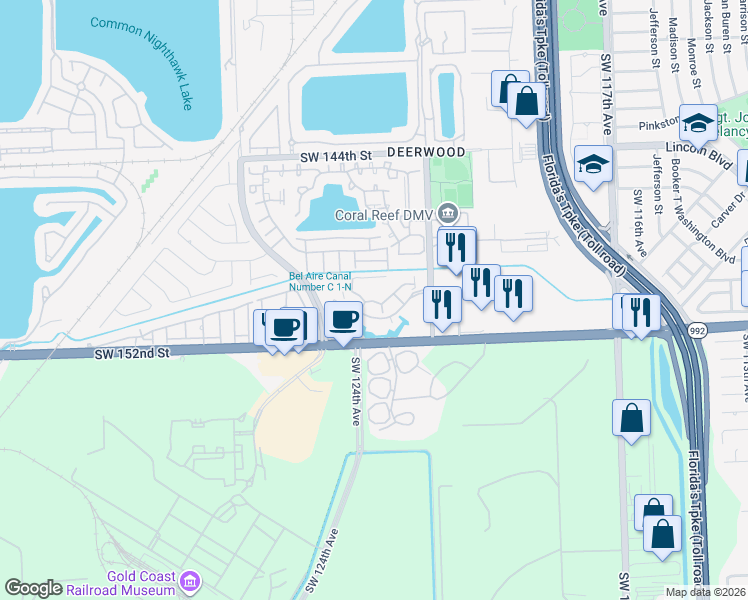 map of restaurants, bars, coffee shops, grocery stores, and more near 12295 Southwest 151st Street in Miami