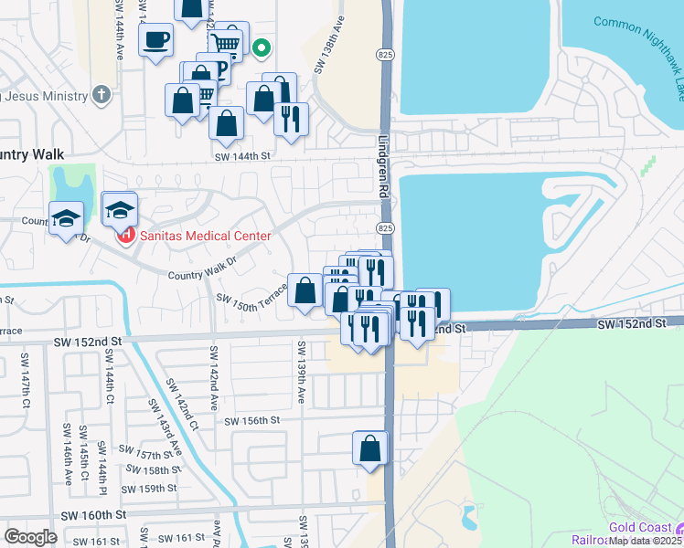map of restaurants, bars, coffee shops, grocery stores, and more near 3 Southwest 149th Circle Lane in Miami