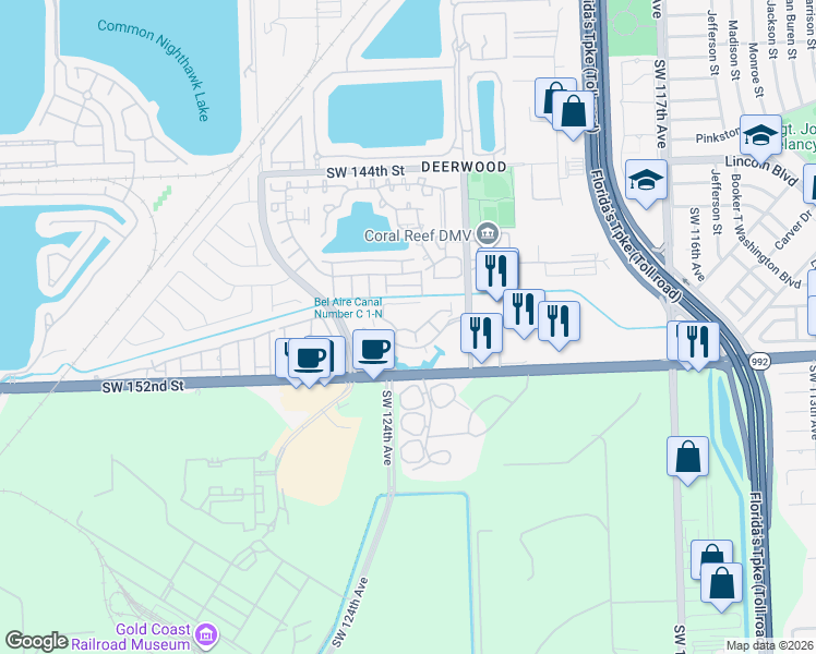 map of restaurants, bars, coffee shops, grocery stores, and more near 12295 Southwest 151st Street in Miami