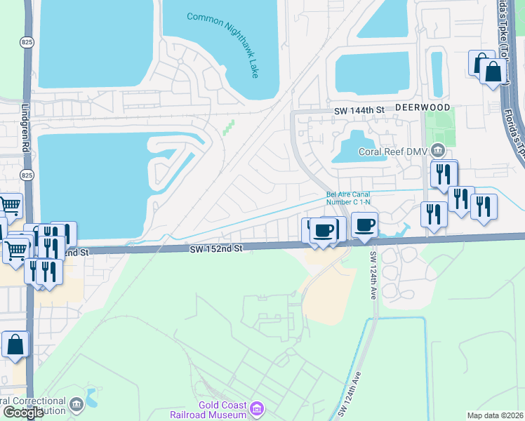 map of restaurants, bars, coffee shops, grocery stores, and more near 12831 Southwest 149th Street in Miami