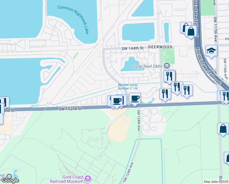 map of restaurants, bars, coffee shops, grocery stores, and more near 12733 Southwest 150th Terrace in Miami