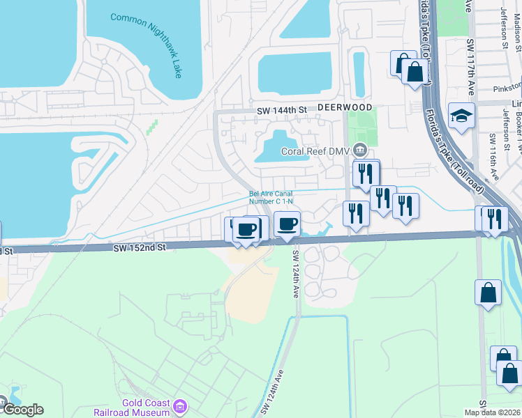 map of restaurants, bars, coffee shops, grocery stores, and more near 15051 Southwest 127th Court in Miami