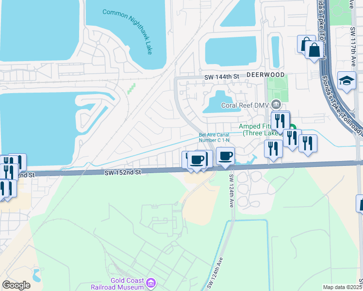 map of restaurants, bars, coffee shops, grocery stores, and more near 12740 Southwest 149th Street in Miami