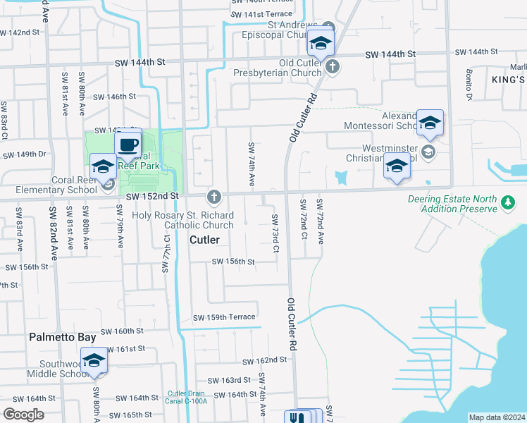 map of restaurants, bars, coffee shops, grocery stores, and more near 7350 Southwest 152nd Terrace in Palmetto Bay