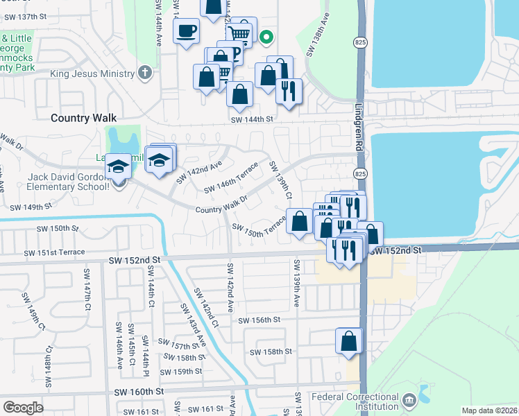 map of restaurants, bars, coffee shops, grocery stores, and more near 14816 Southwest 140th Court in Miami