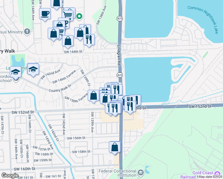 map of restaurants, bars, coffee shops, grocery stores, and more near 3 Southwest 149th Circle Lane in Miami