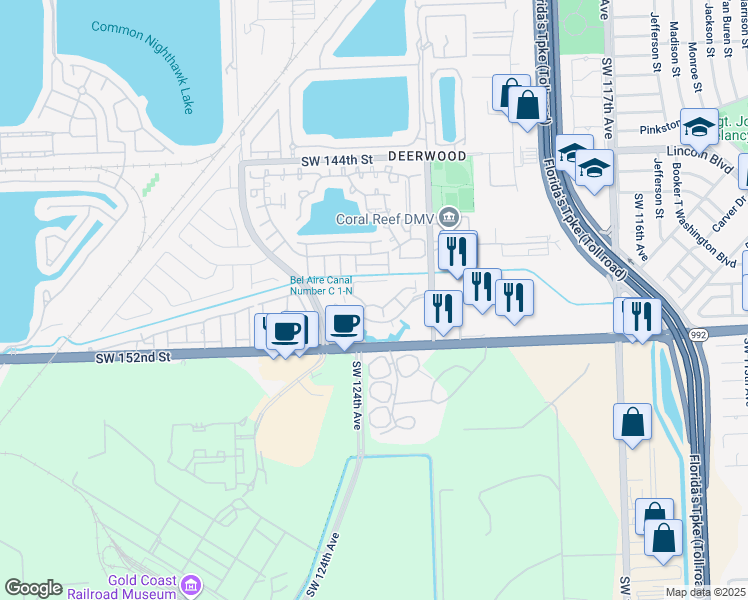 map of restaurants, bars, coffee shops, grocery stores, and more near 12325 Southwest 151st Street in Miami