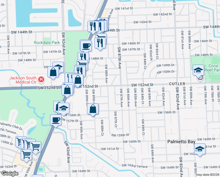 map of restaurants, bars, coffee shops, grocery stores, and more near 8755 Southwest 152nd Street in Palmetto Bay