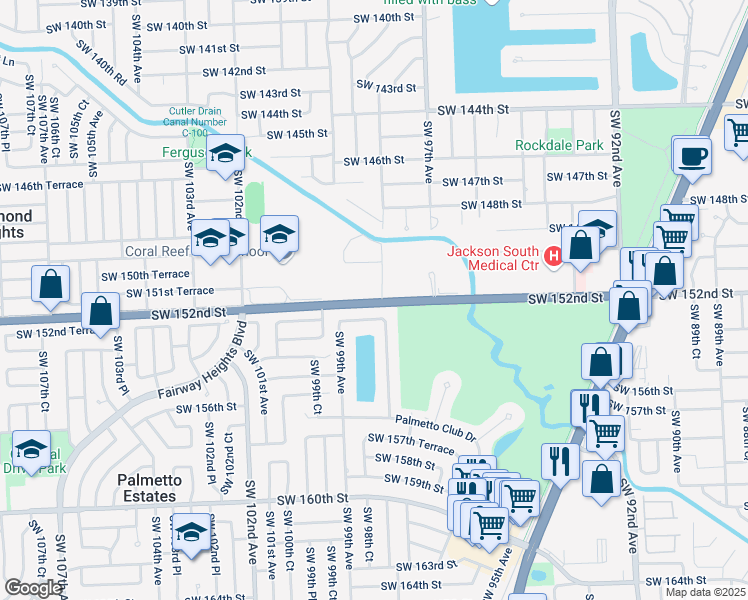 map of restaurants, bars, coffee shops, grocery stores, and more near 9869 SW 152nd Terrace in Miami