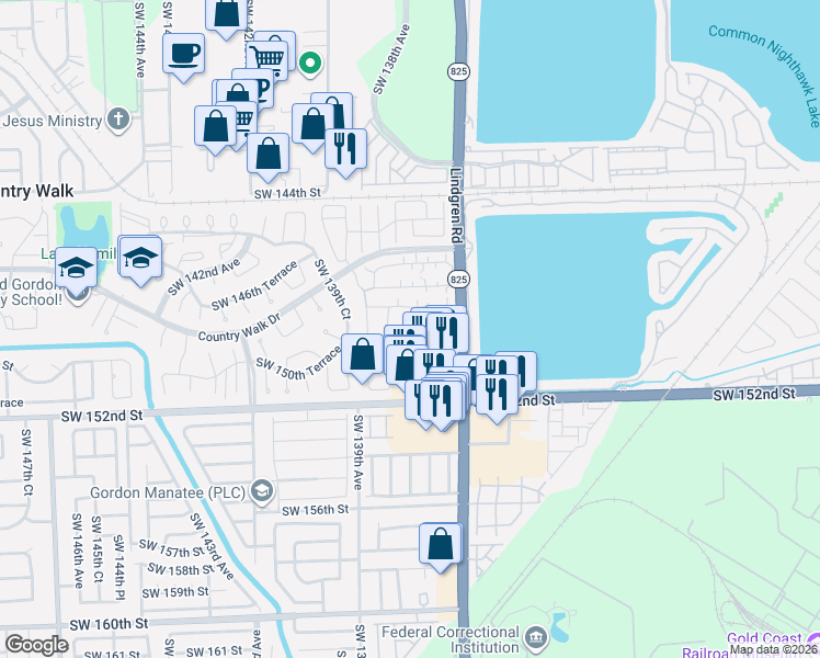 map of restaurants, bars, coffee shops, grocery stores, and more near 3 Southwest 149th Circle Lane in Miami