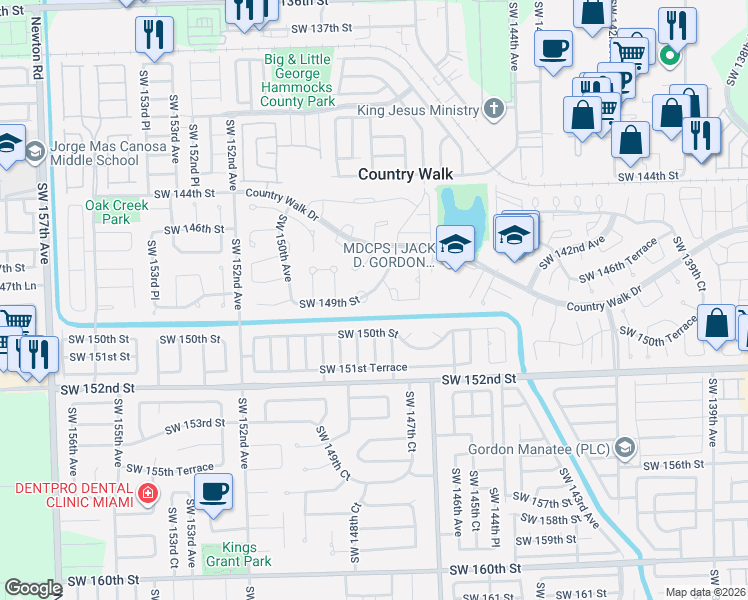 map of restaurants, bars, coffee shops, grocery stores, and more near 14830 Southwest 149th Street in Miami