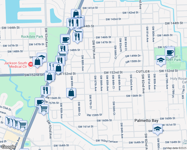 map of restaurants, bars, coffee shops, grocery stores, and more near 15200 Southwest 87th Avenue in Palmetto Bay