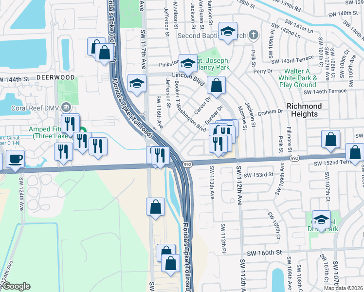 map of restaurants, bars, coffee shops, grocery stores, and more near 14837 Southwest 114th Court in Miami