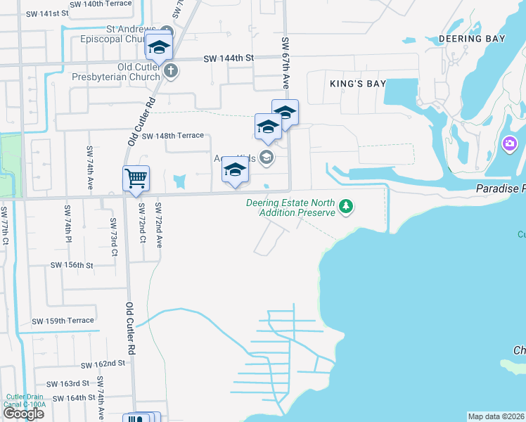 map of restaurants, bars, coffee shops, grocery stores, and more near 15353 Southwest 68th Avenue in Palmetto Bay