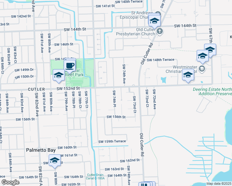 map of restaurants, bars, coffee shops, grocery stores, and more near 15221 Southwest 74th Place in Palmetto Bay