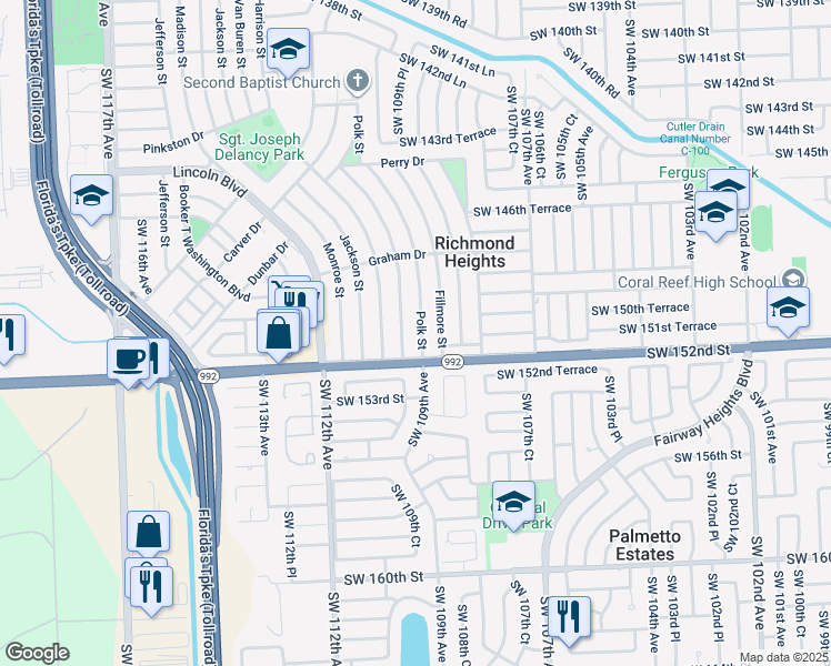 map of restaurants, bars, coffee shops, grocery stores, and more near 15040 Tyler Street in Miami