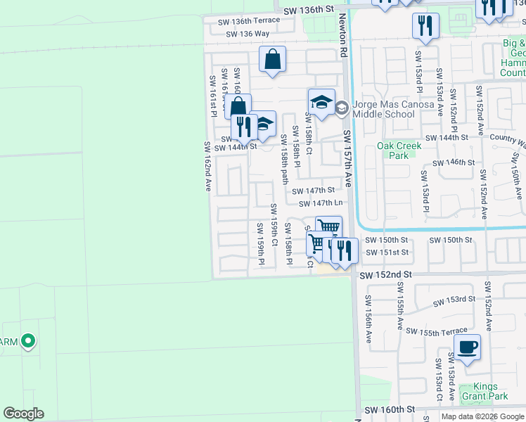 map of restaurants, bars, coffee shops, grocery stores, and more near 15946 Southwest 147th Lane in Miami