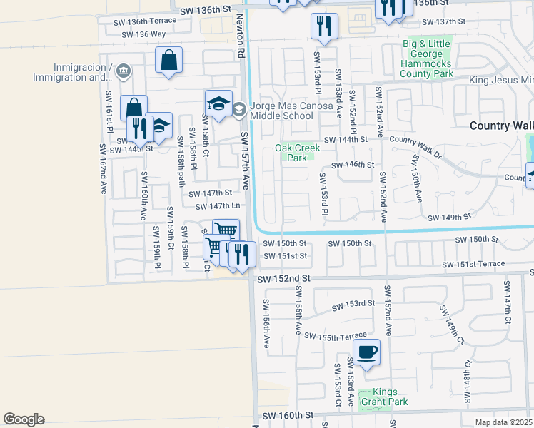 map of restaurants, bars, coffee shops, grocery stores, and more near 14781 Southwest 156th Avenue in Miami