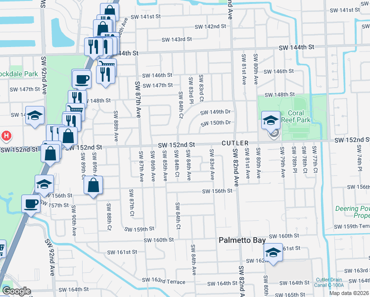 map of restaurants, bars, coffee shops, grocery stores, and more near 15200 Southwest 84th Avenue in Palmetto Bay