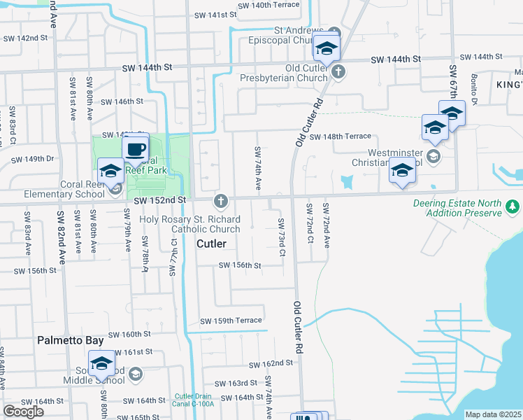 map of restaurants, bars, coffee shops, grocery stores, and more near 8700 Southwest 152nd Terrace in Palmetto Bay