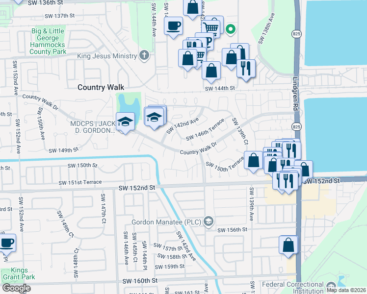 map of restaurants, bars, coffee shops, grocery stores, and more near 14618 Southwest 142nd Court in Miami