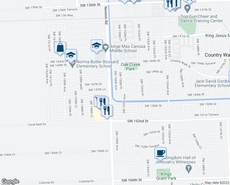 map of restaurants, bars, coffee shops, grocery stores, and more near 14780 Southwest 156th Avenue in Miami