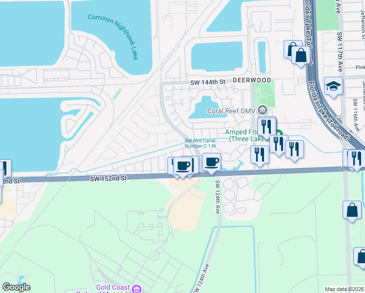 map of restaurants, bars, coffee shops, grocery stores, and more near 12733 Southwest 150th Terrace in Miami