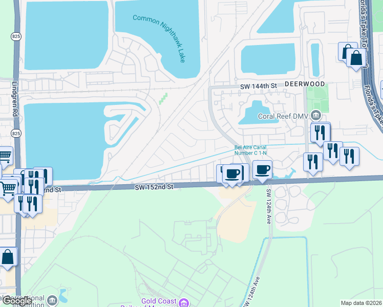 map of restaurants, bars, coffee shops, grocery stores, and more near 12831 Southwest 149th Street in Miami