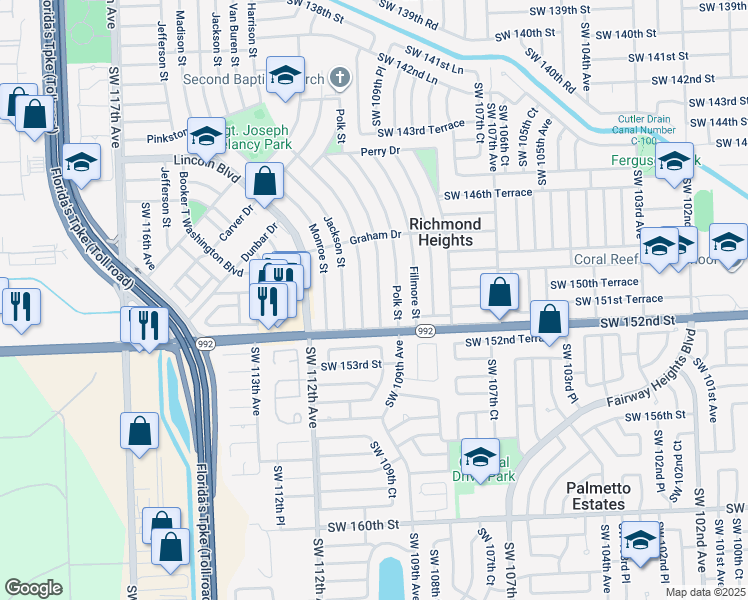map of restaurants, bars, coffee shops, grocery stores, and more near 15040 Tyler St in Miami