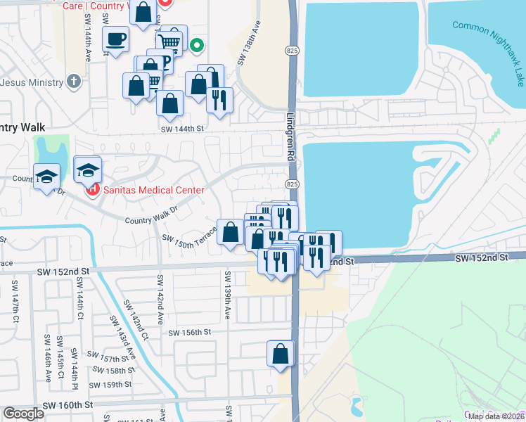 map of restaurants, bars, coffee shops, grocery stores, and more near 3 Southwest 149th Circle Lane in Miami