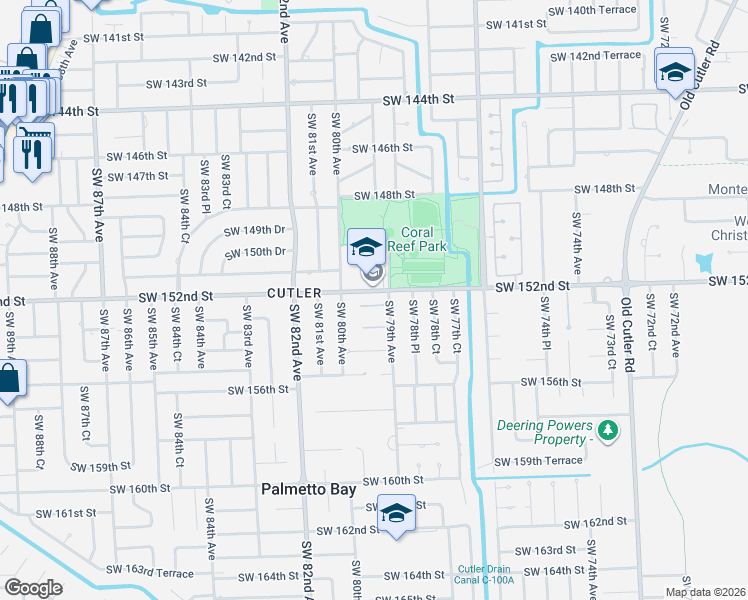 map of restaurants, bars, coffee shops, grocery stores, and more near 7911 Southwest 152nd Terrace in Palmetto Bay