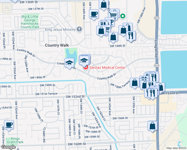 map of restaurants, bars, coffee shops, grocery stores, and more near 14611 SW 143rd Ct in Miami