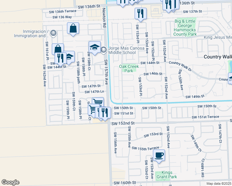 map of restaurants, bars, coffee shops, grocery stores, and more near 14770 Southwest 156th Avenue in Miami