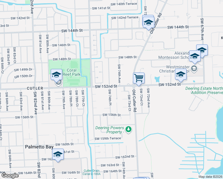 map of restaurants, bars, coffee shops, grocery stores, and more near 15221 Southwest 74th Place in Palmetto Bay