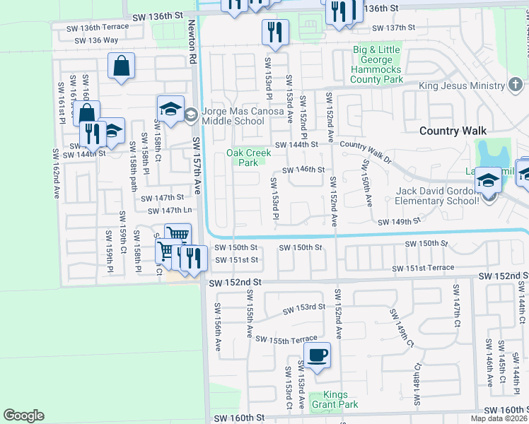 map of restaurants, bars, coffee shops, grocery stores, and more near 15440 Southwest 148th Street in Miami