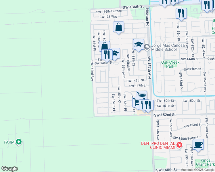 map of restaurants, bars, coffee shops, grocery stores, and more near 16052 Southwest 147th Lane in Miami