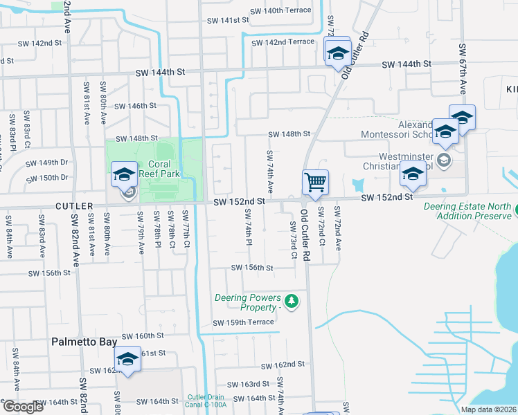 map of restaurants, bars, coffee shops, grocery stores, and more near 15221 Southwest 74th Place in Palmetto Bay