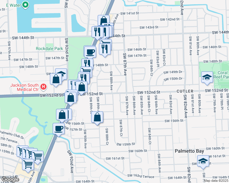 map of restaurants, bars, coffee shops, grocery stores, and more near 8755 Southwest 152nd Street in Palmetto Bay